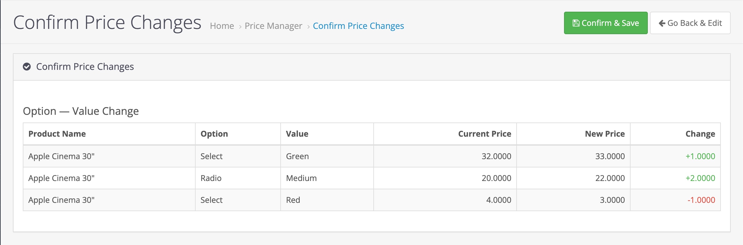 Price Manager — confirmation screen