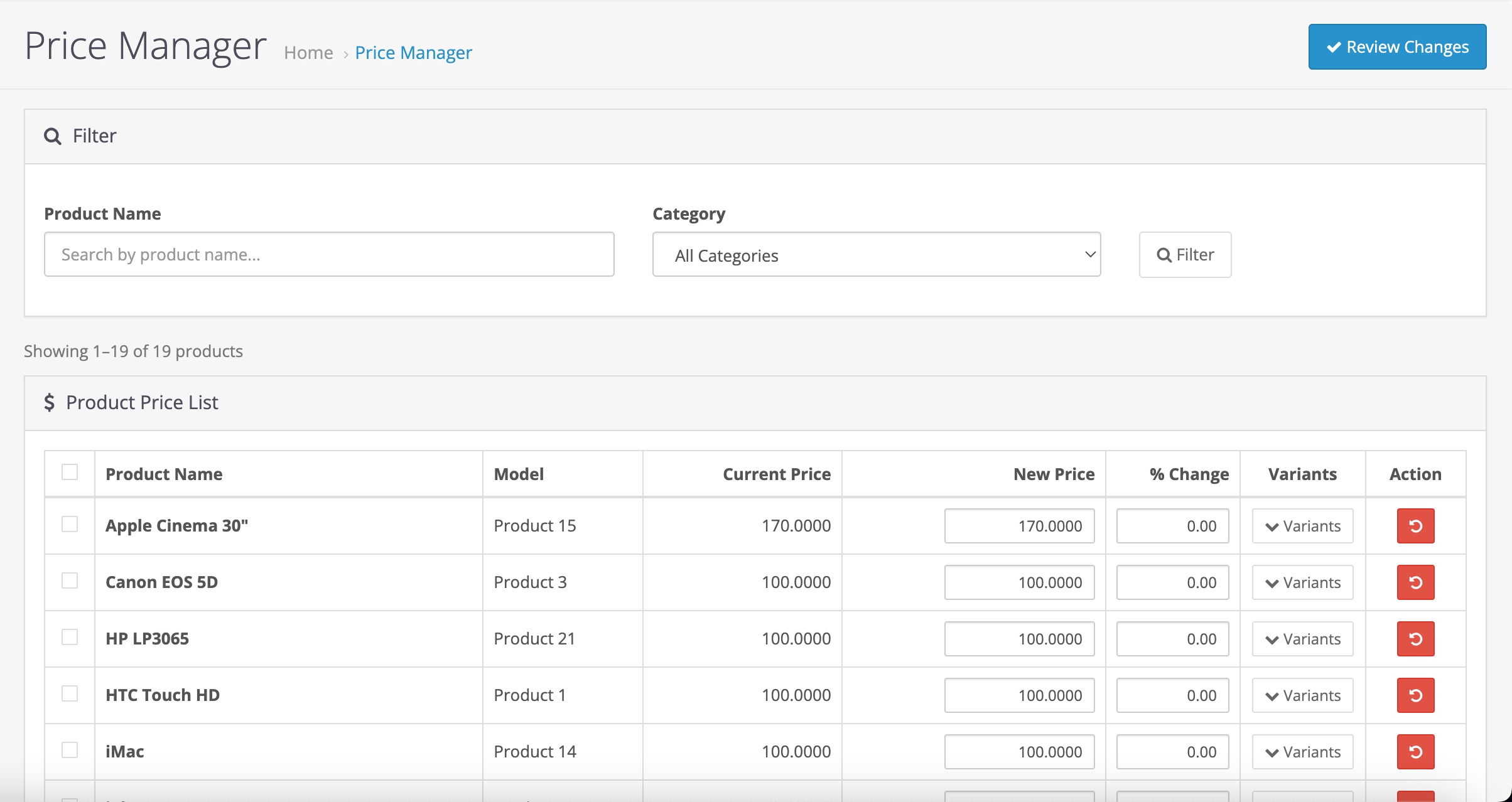 Price Manager — product list view